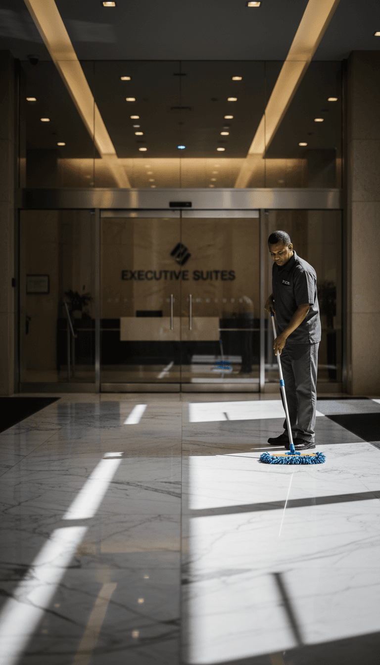 Cleaner maintaining pristine marble floor in corporate lobby