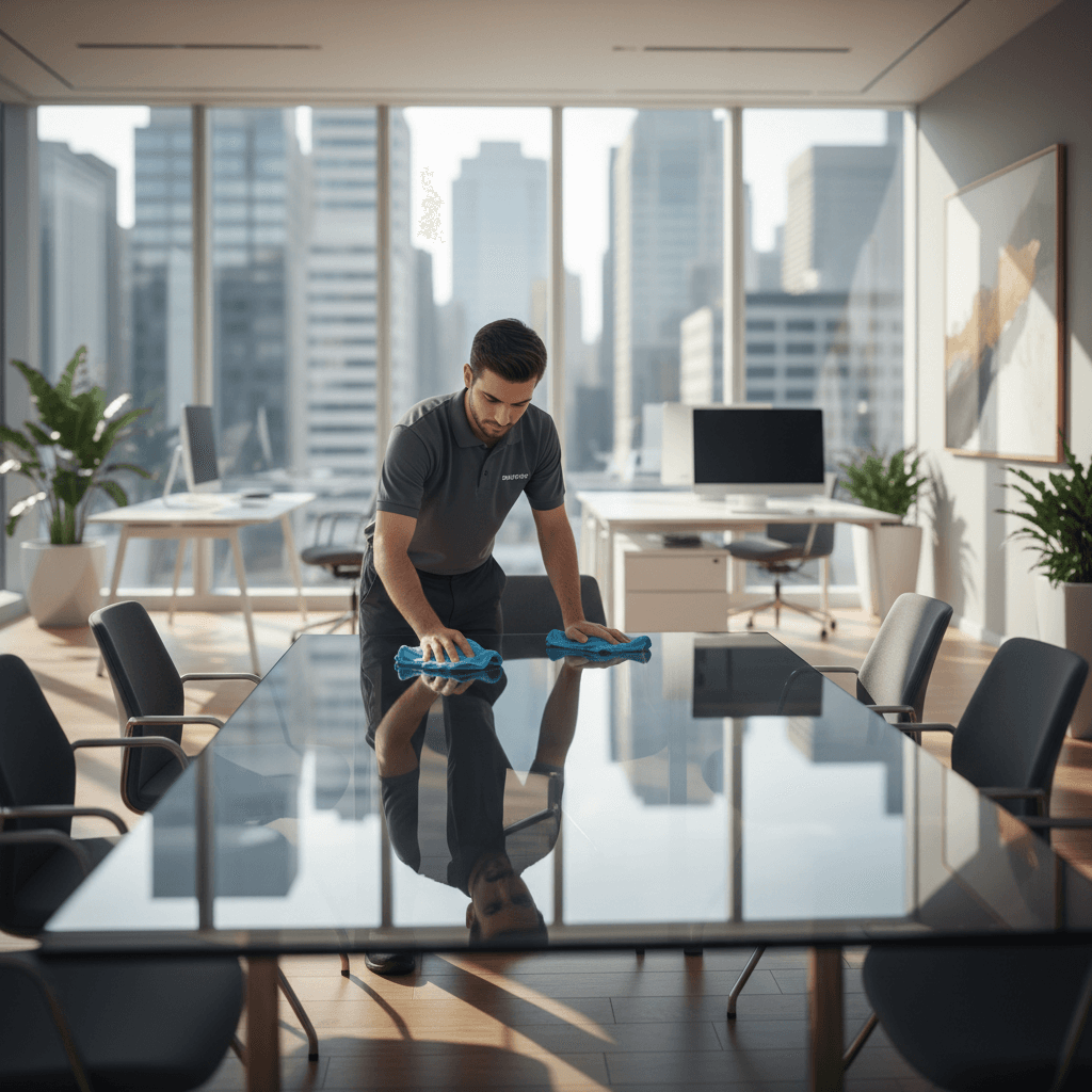 Professional cleaner polishing conference table in modern office