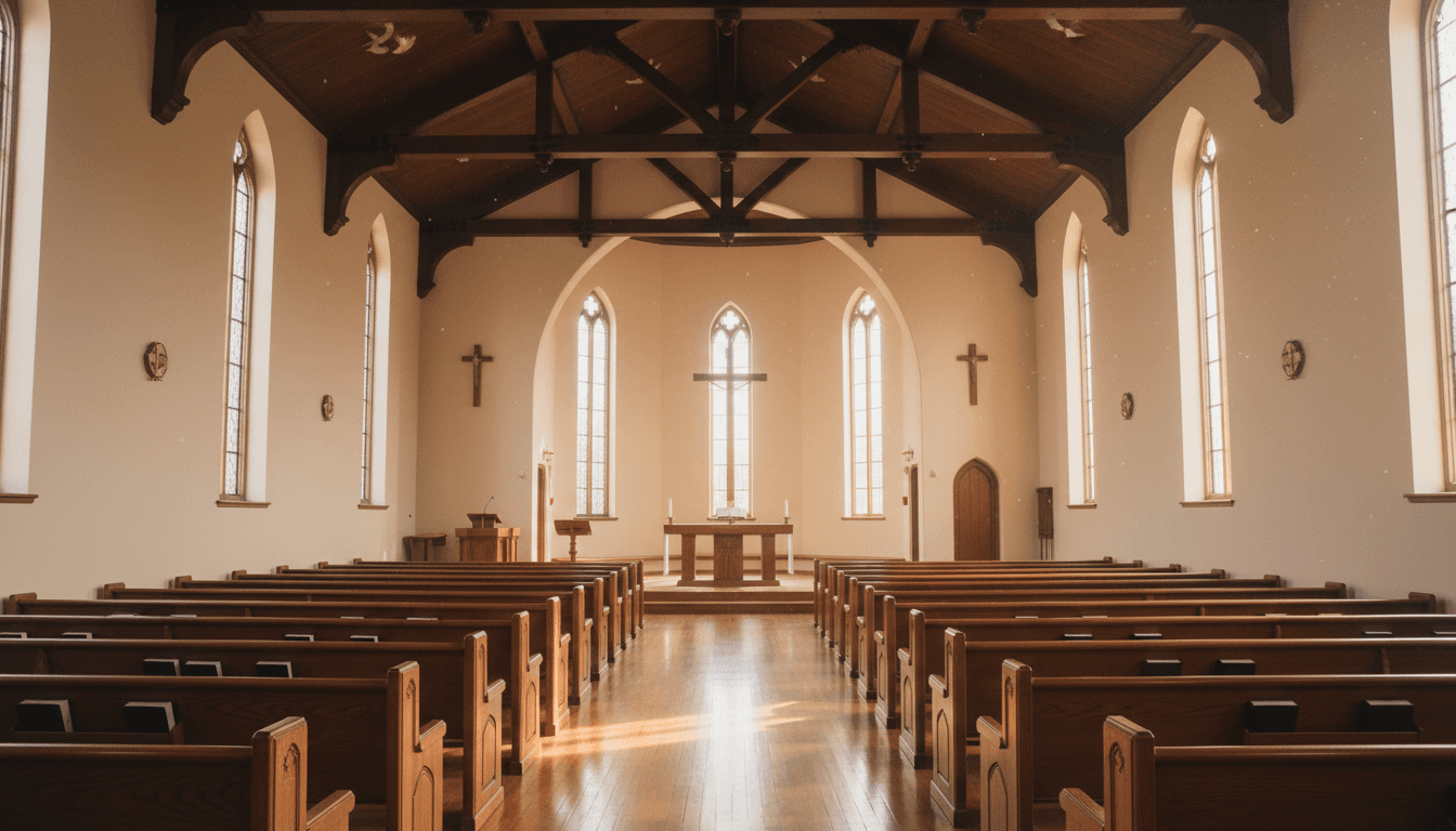 Interior of sanctuary with wooden pews in rows, soft natural light from high windows, arched ceilings and wooden beams