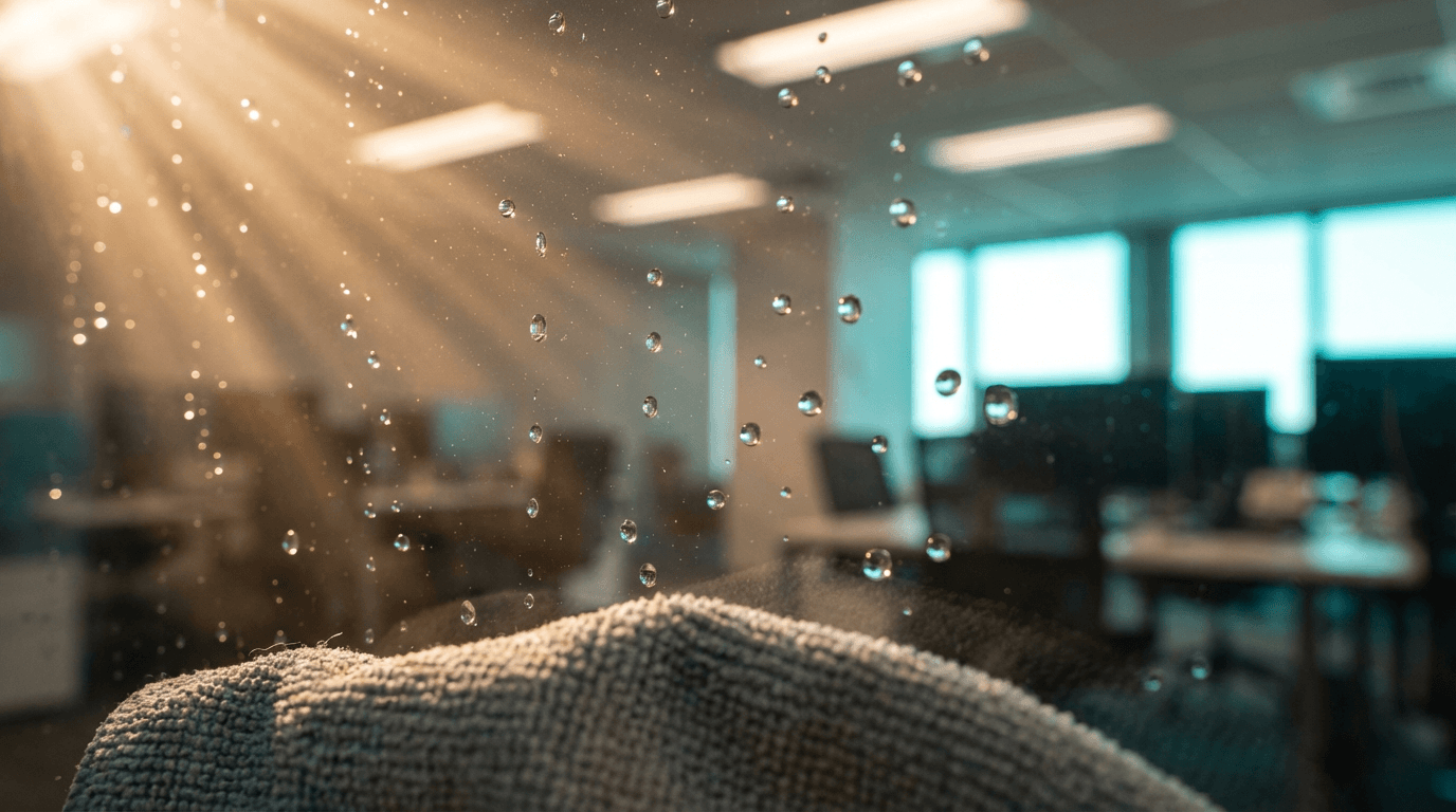 Church interior with technician carefully cleaning wooden pews