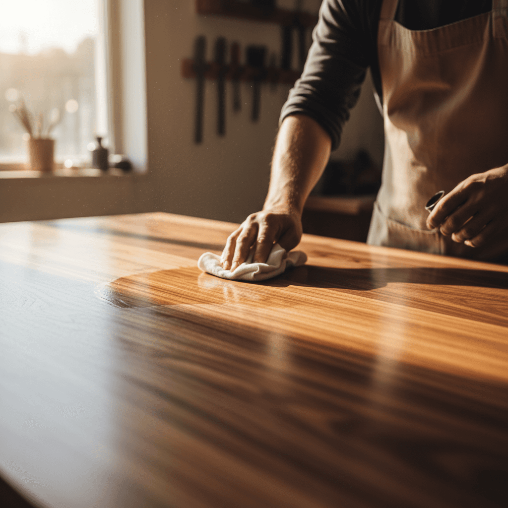Close-up of gloved hands polishing a wooden conference table