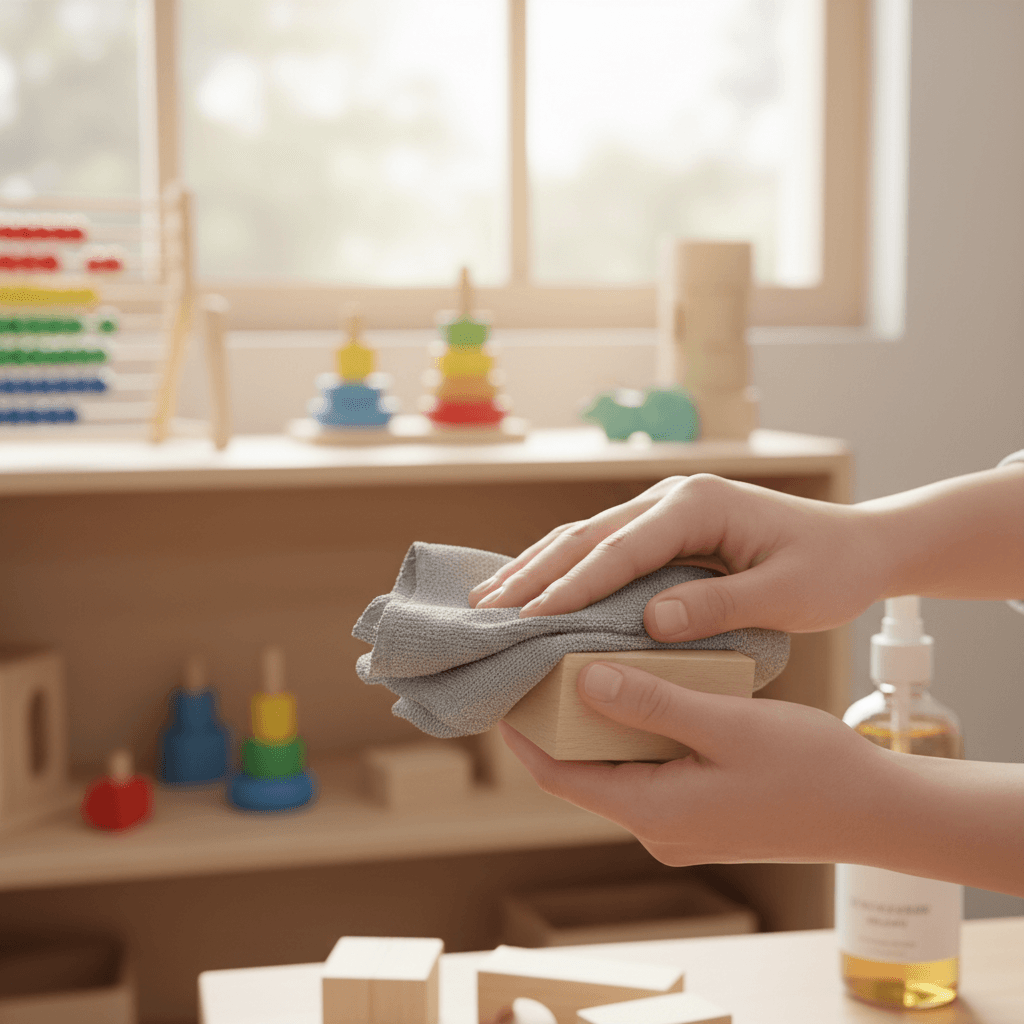 Educator's hands gently cleaning wooden toy block with natural solution in sunlit classroom