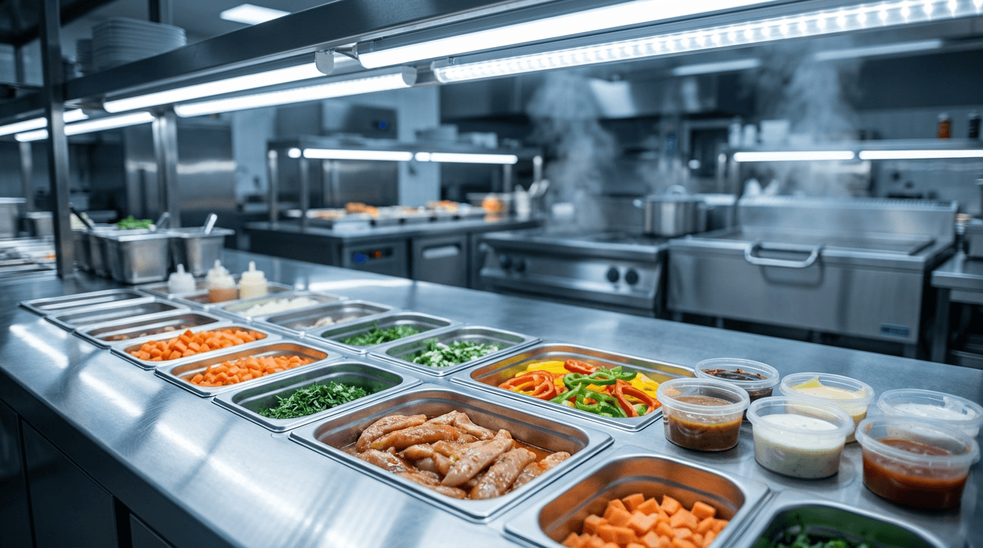 Overhead view of office kitchen with technician disinfecting stainless steel surfaces
