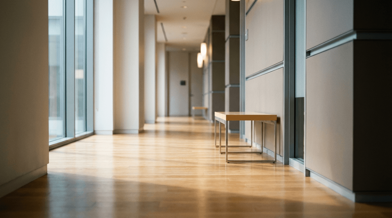 Immaculate commercial office hallway with polished floors