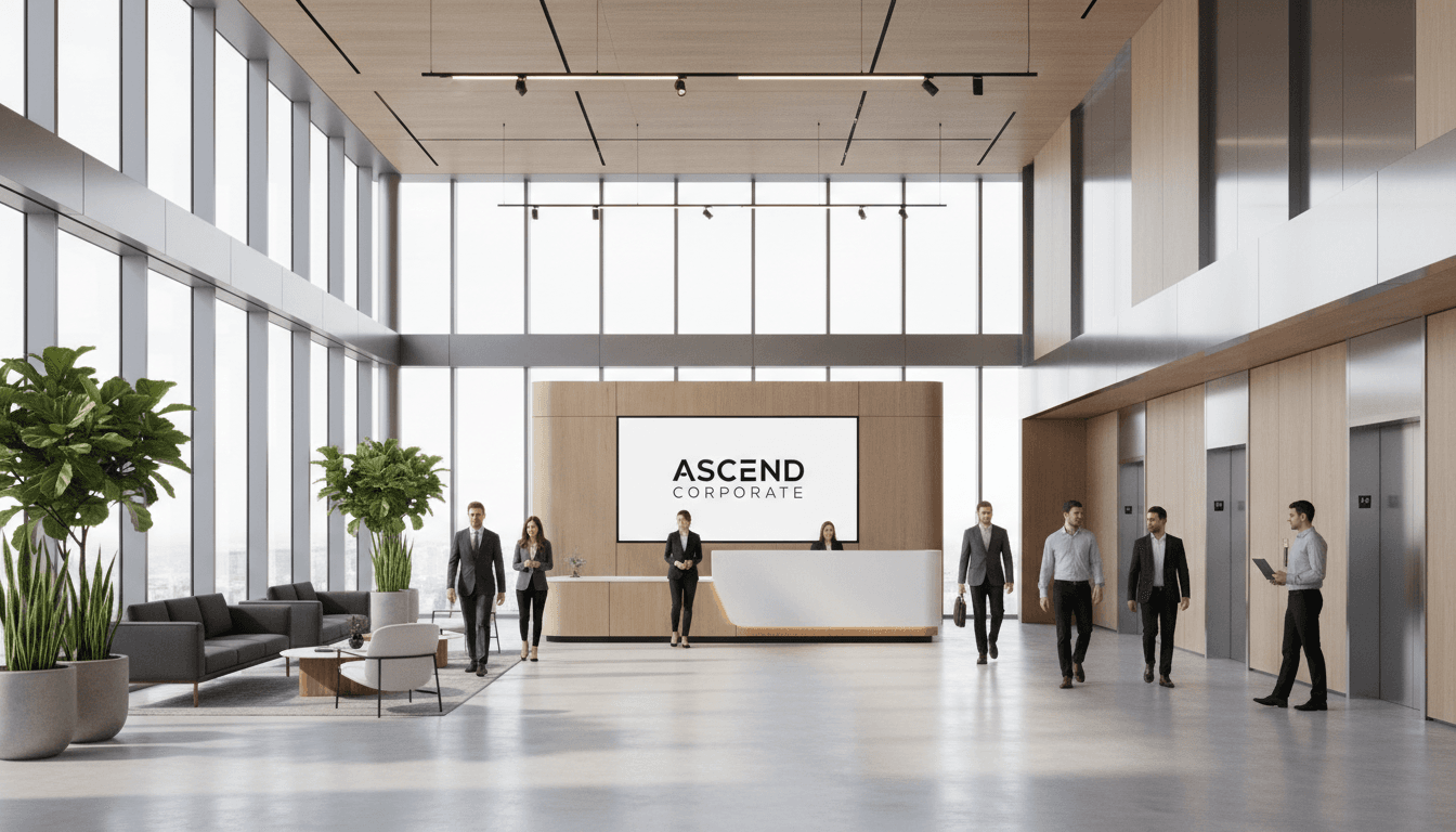 Commercial office reception area with professional staff